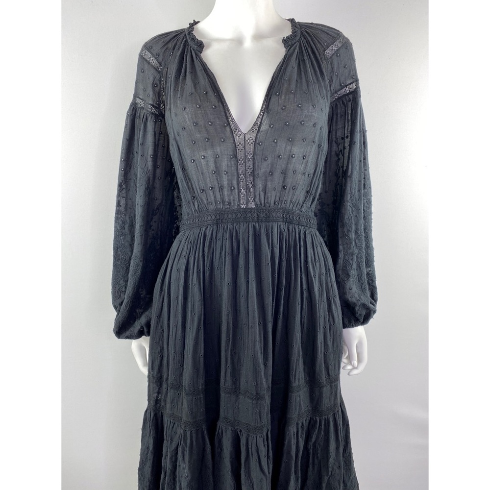 Ulla Johnson Size 6 Black Long Sleeve Eyelet Embroidered Lace Trim Midi Dress - Picture 5 of 13
